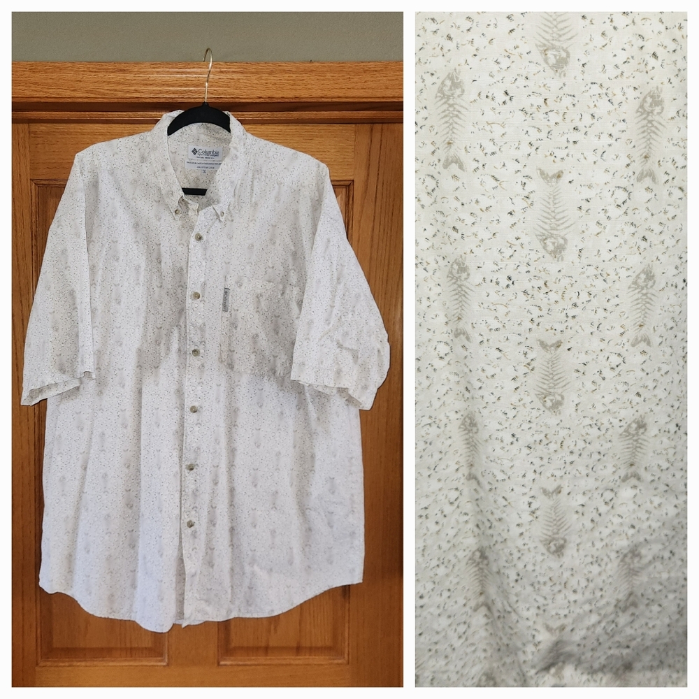 Y2K Columbia Men’s XXL Beige Fish Bone Skeleton Short Sleeve Button Up Shirt VTG